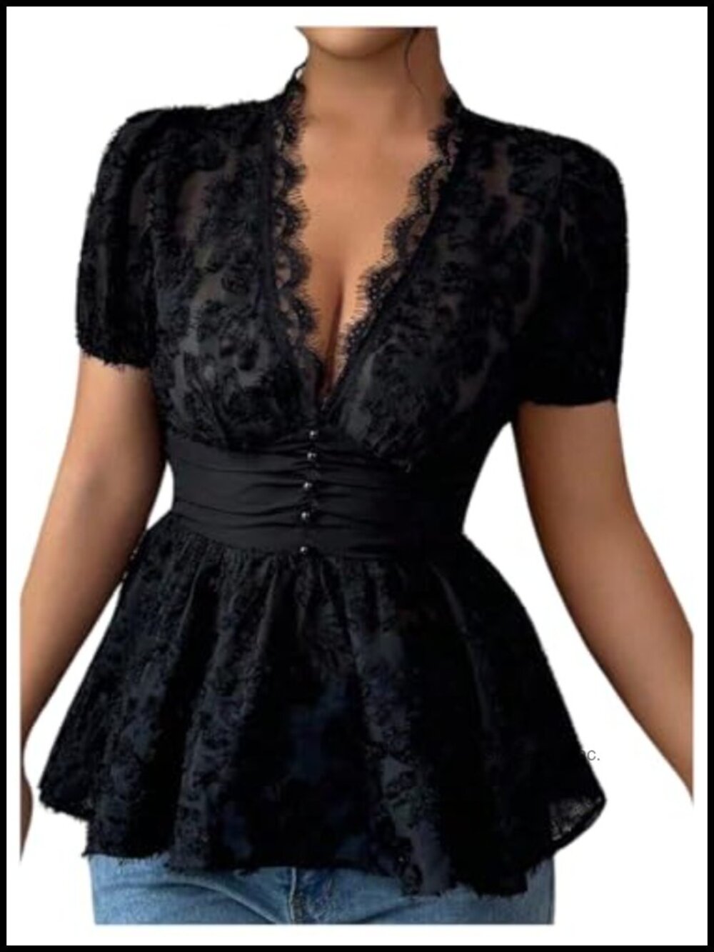 Sheer Lace Button Front Peplum Blouse Short Sleeve Deep V-Neck Ruffle Top